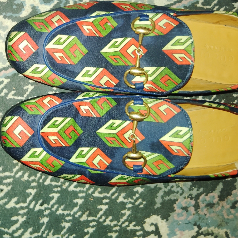 Gucci Green Slippers Vibrant Geometric Pattern - Picture 1 of 5